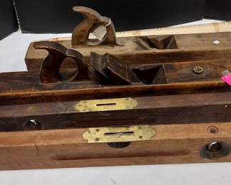 ANTIQUE WOOD WORKING TOOLS: TWO PLANES, ONE SCIOTO WORKS IS 22". PACKED WITH 1957 MEDFORD, OREGON NEWSPAPERS. TWO WOOD PLANES DISSTON AND STANLEY