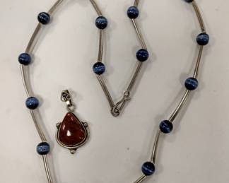 STERLING JASPER PENDANT AND 925 MEXICO NECKLACE WITH CAT'S EYE BEADS