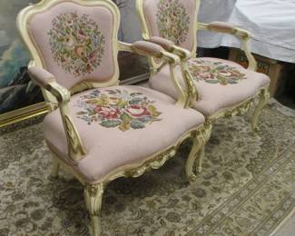 PAIR OF NEWER ITALIAN NEEDLE POINT CHAIRS. SMALL SNAG ON ONE SIDE OF SEAT