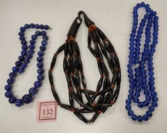 THREE BEADED NECKLACES: HORN, BLUE GLASS, AND LAPIS ? NEEDS CLASP