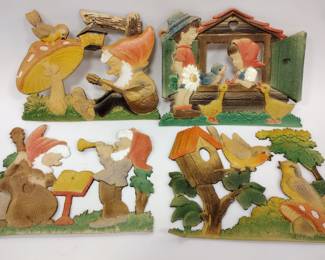 FOUR VINTAGE DIE CUT EMBOSSED CARDBOARD DISPLAYS. 1930'S. ONE WITH BIRDS HAS BENT LOWER CORNER
