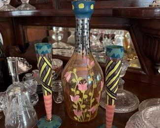 Hand painted decanter with hand painted Flutes signed Fiasco