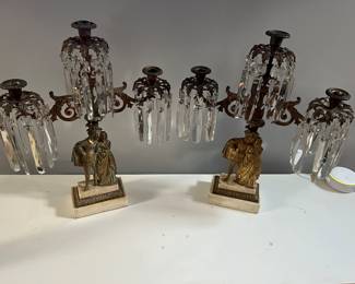 Large pair of bronze and crystal candleabra  