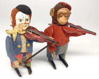 2 Schuco Wind-Up Clown & Monkey Violinist Toys