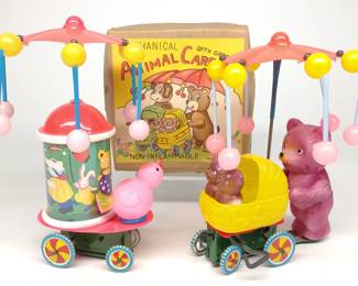 2 Celluloid Japan Animal Carriage Wind-Up Toys