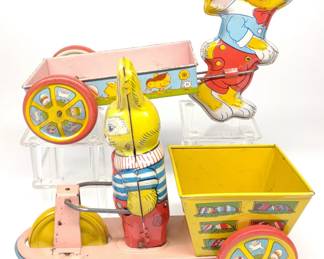 2 J. Chein Tin Easter Bunny Cart Toys