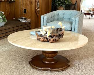 Vintage marble and wood round coffee table