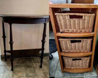 1. Semi-circle wood side table 2. Wood storage with woven drawers