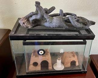 A lot of pet items: terrariums, terrarium decor