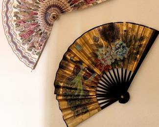 Vintage Gold & Black Lacquer Oriental / Chinese Wall Fan With Phoenix Birds and Chrysanthemums
