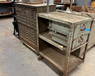 Antique industrial metal cabinet with drawers and antique rolling industrial cart with drawers 
