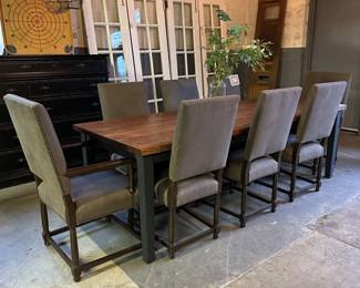 Oak topped Shaker style farm table 8’ long and 8 Restoration Hardware grey linen chairs 