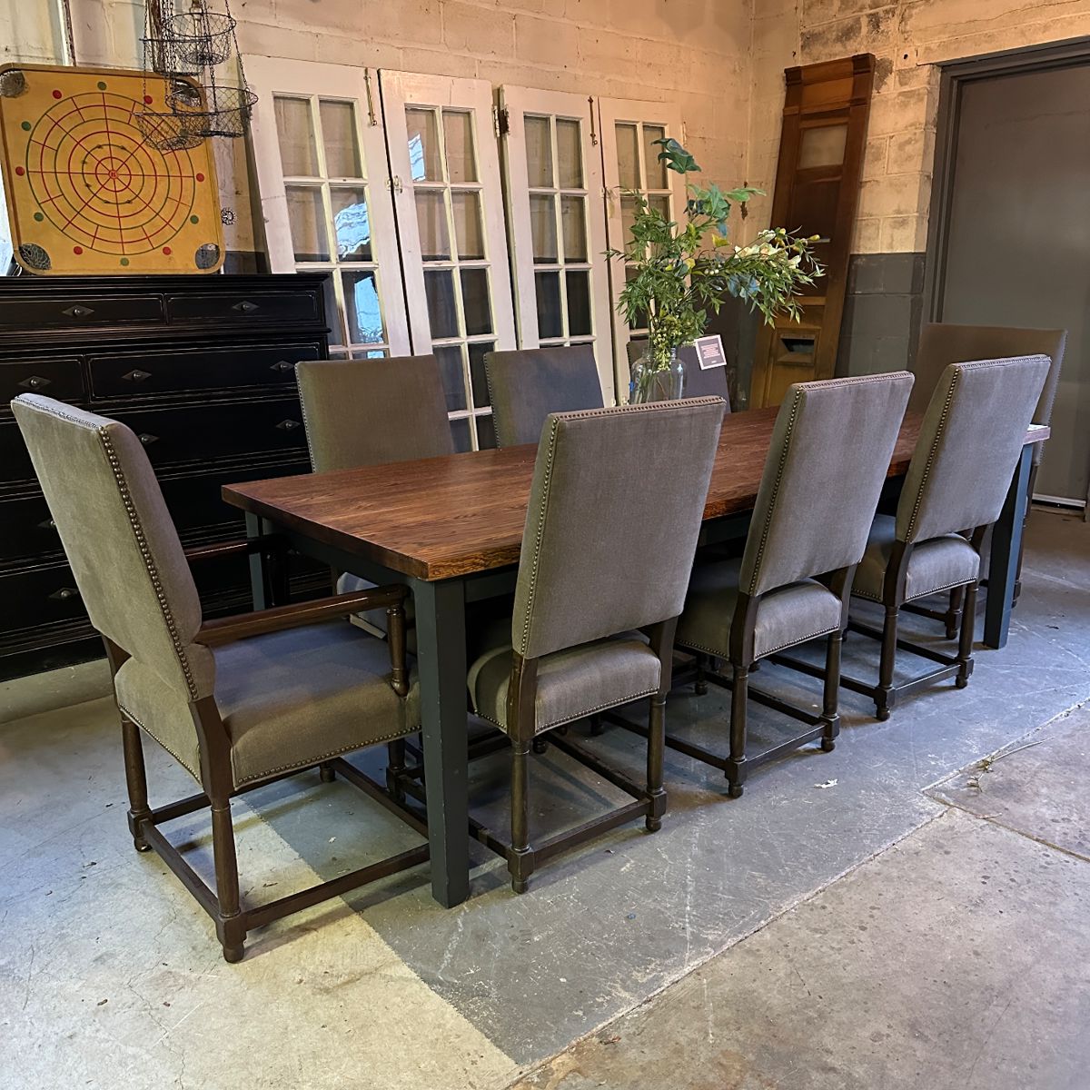 Oak topped Shaker style farm table 8’ long and 8 Restoration Hardware grey linen chairs 