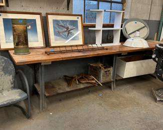 Reclaimed wood and metal counter height work table 