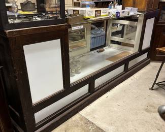 Antique oak display case with white glass inserts 