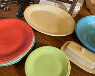 Fiesta plates, bowl, covered butter, and platter
