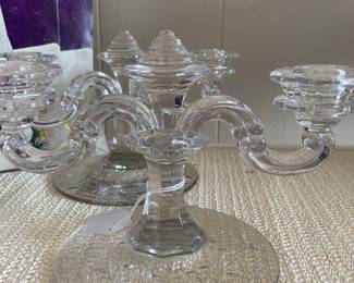 Pair of etched glass candle holders