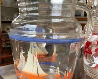 Cool Mid century pitcher with ships. For display only- has crack around handle 