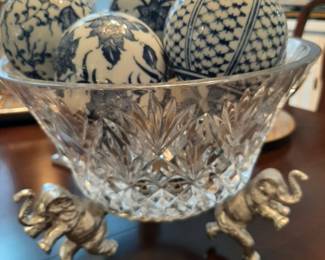 Waterford crystal dish filled with glass decorative balls