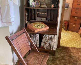Victorian desk $195. Slat folding chair $12