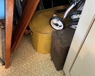 Painted copper boiler and antique wall toilet water holder 