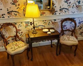 Henkel Harris Tea Table, Crewel & Carved Walnut Chairs