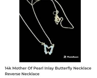 14k mother of pearl inlay butterfly necklace reversible 