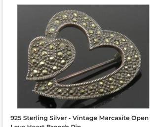 Sterling silver marcasite love heart brooch pin