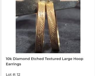 10k Diamond Etched textured large hoop earrings