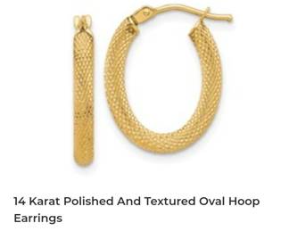 14k polished and textured oval hoop earrings