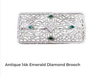 Antique art deco 14k white gold emerald diamond