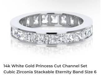 14k white gold Princess cut channel set cubic zirconia stackable eternity band
