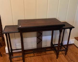 #17	Antique Entry Table w/lowered Side Shelves (as is finish) - 48x16x32	 $100.00 			
