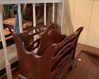 #18	Mahogany Magazine Rack w/handle w/2 cubbies 	 $75.00 			
