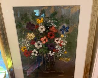 #32	Large Floral Print framed in White/Gold Frame  by Koury   42x55	 $300.00 			

