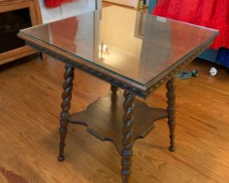 #80	Wood Radio Table (wobbly) Barely Twist Leg w/glass protect - 24sq x 29	 $75.00 			
