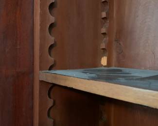 #82	Antique Desk w/2 glass doors & peg Sides  w/cubbies & 2 doors on the bottom and Shelf  - 1" Shelf  (Center Piece is stuck and center can't pull out)   48x22x89T - 2 pc - You Move	 $425.00 			
