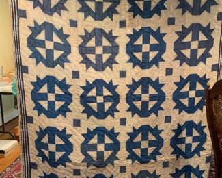 #109	Hand-quilted Blue & White Quilt - (as is stains and tear) - 66x80	 $50.00 			
