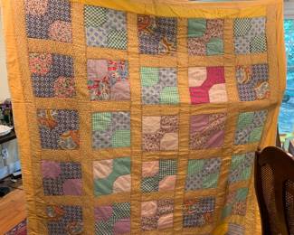 #113	Scrappy Yellow Spool quilt Hand-Quilted - 68x82	 $65.00 			

