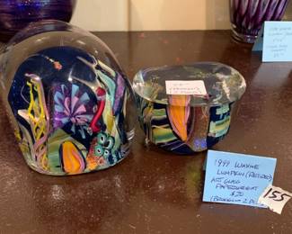 #155	Lumpkin 2 pc blown glass paperweight AS IS 	 $20.00 			
