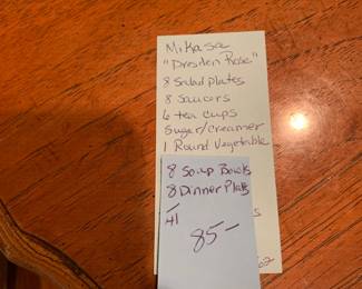 #162	Mikasa "Dresdan Rose" 41pc set 	 $85.00 			
