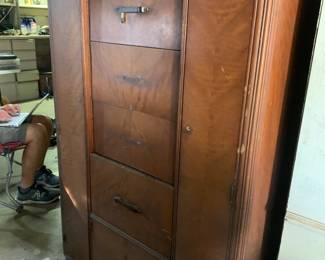 #197	Wood Waterfall Armour 2 Hanging Doors 5 Drawers as is (missing hardware)	 $30.00 			
