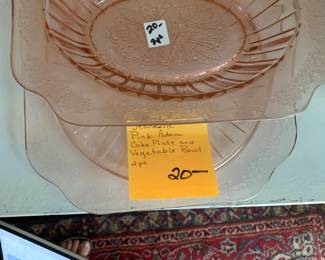 #201	Jeannette pink adam cake plate and vegetable bowl	 $20.00 			
