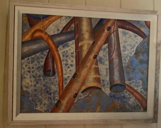 #248	Signed orginial oil painting  of abstract pipes in blue coral 	 $120.00 			
