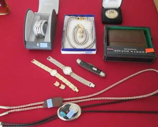 Movado Ladies Watch, Costume Jewelry, Bolo Ties