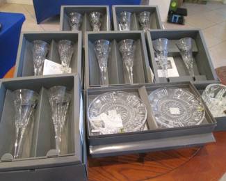 6-Boxed Sets "Waterford" Crystal Champagne Flutes     Boxed "Waterford" Plates & Boxed Bowl