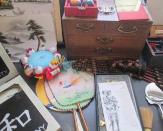 Art Work, Fans, Pin Cushions, Wooden Chest