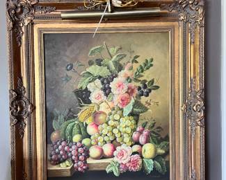  Large ornately framed canvas print with attached lamp