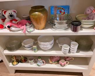 Pyrex, Corning Ware, stuffed animals, luncheon  plates, teapot with creamer  and  sugar bowl. 