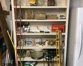 Fireplace set, miniature houses, chargers, levels, and Coca-Cola collectibles 